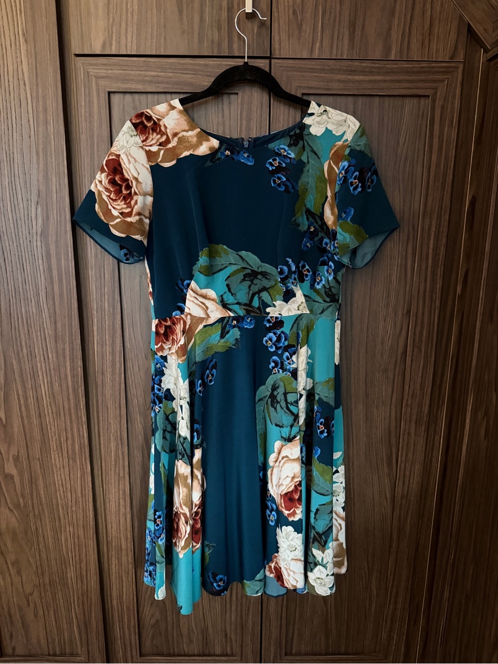 Anthropologie Teal Floral Fit-and-Flare Dress with Cream and Brown Accents